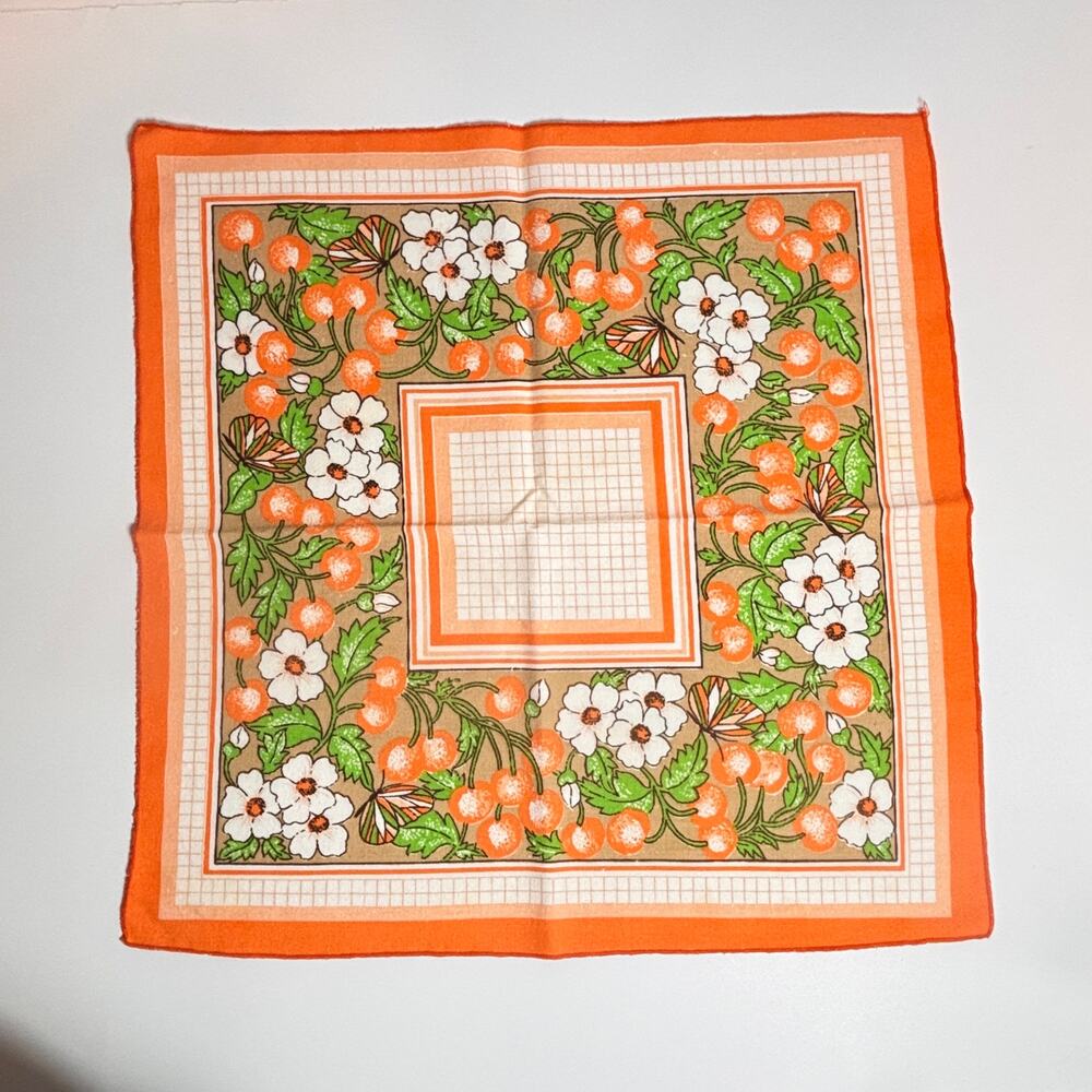 Set of 6 Vintage 1970s Orange Floral Cotton Napkins handkerchief MCM 16” retro